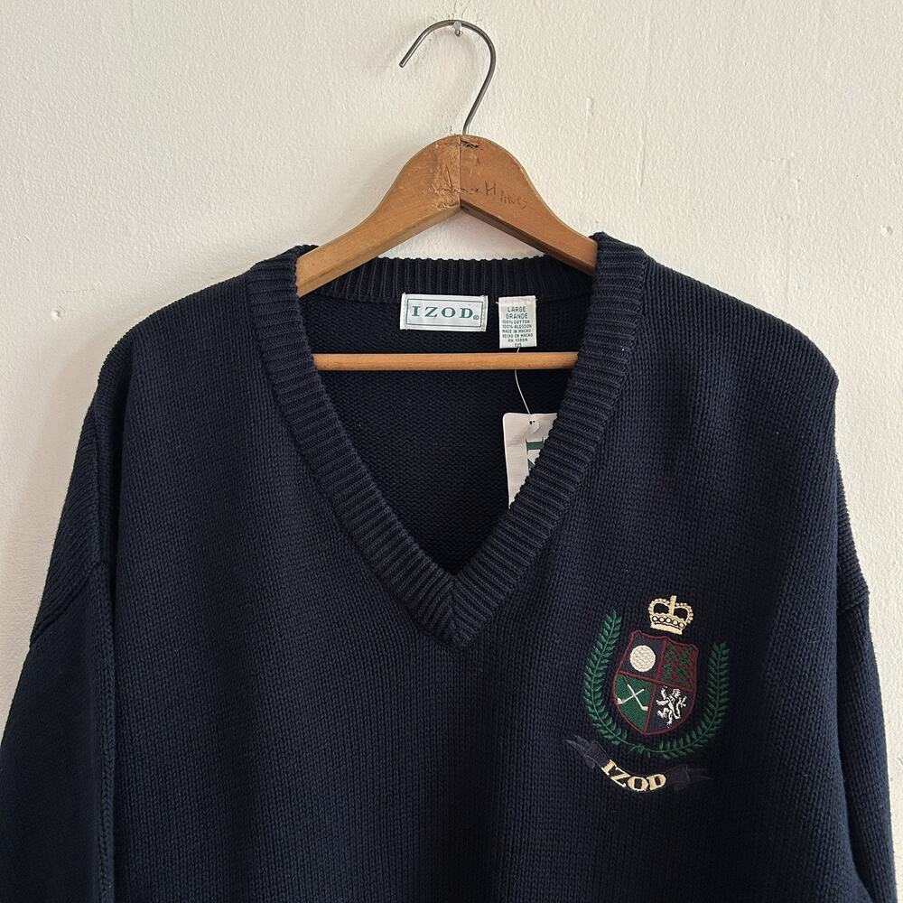 Vintage Izod Sweater Navy Blue V Neck Golf Crest Patch Size Large NWT 80s 90s